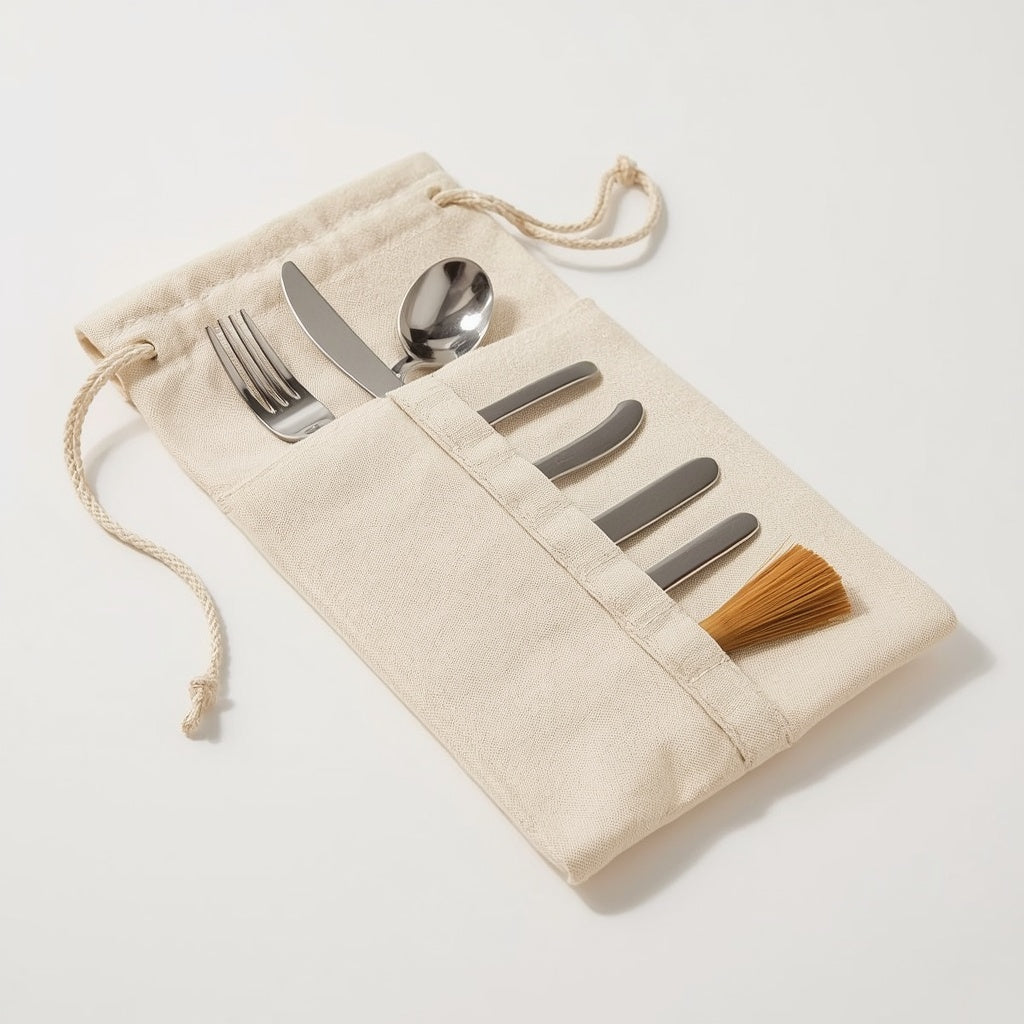 Reusable Bamboo Utensil Travel Set with Canvas Roll-Up Pouch – Portable Cutlery Kit with Stainless Steel Straw & Cleaning Brush