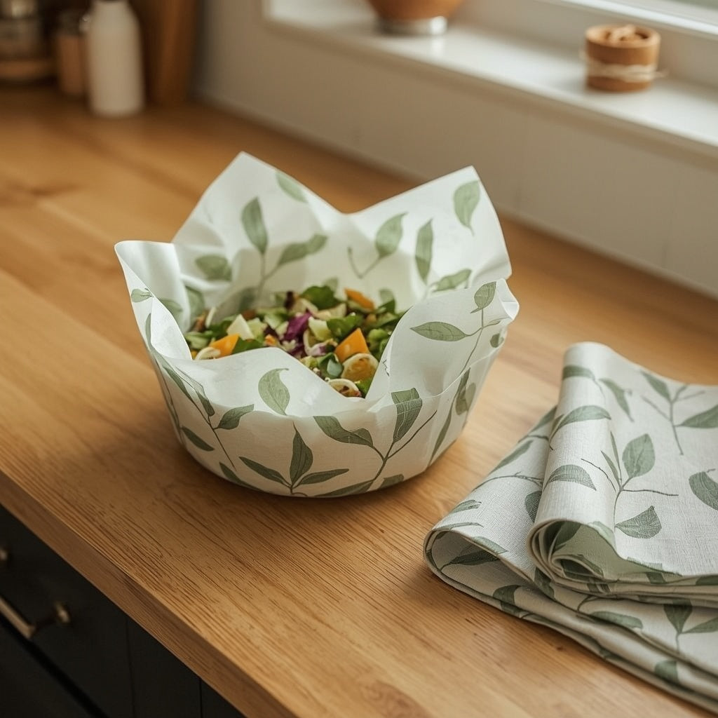Organic Beeswax Food Wraps (Set of 3) – Reusable Food Storage Wraps with Sage Green Botanical Print for Fruit, Cheese & Bowls