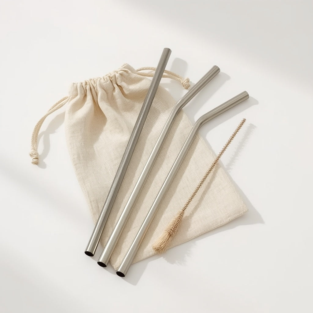 Reusable Stainless Steel Straw Set (4-Pack) – Food-Grade Metal Straws with Coconut Fiber Cleaning Brush & Travel Pouch