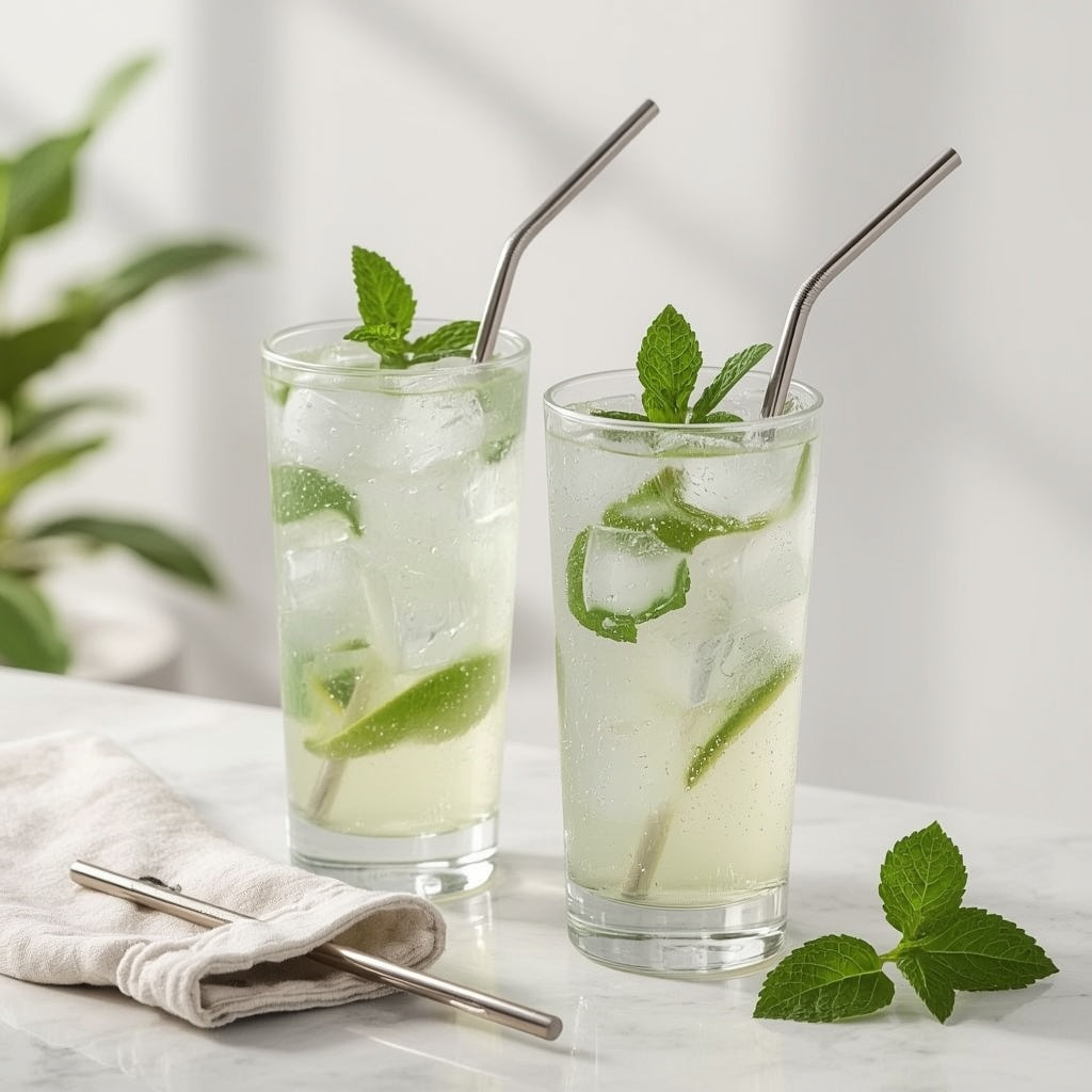 Reusable Stainless Steel Straw Set (4-Pack) – Food-Grade Metal Straws with Coconut Fiber Cleaning Brush & Travel Pouch