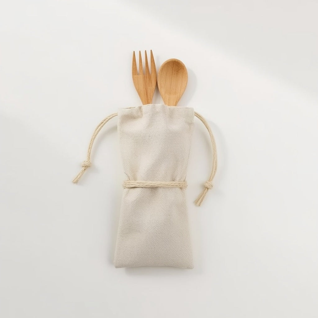 Reusable Bamboo Utensil Travel Set with Canvas Roll-Up Pouch – Portable Cutlery Kit with Stainless Steel Straw & Cleaning Brush