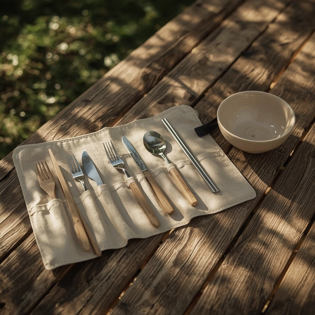 Reusable Bamboo Utensil Travel Set with Canvas Roll-Up Pouch – Portable Cutlery Kit with Stainless Steel Straw & Cleaning Brush