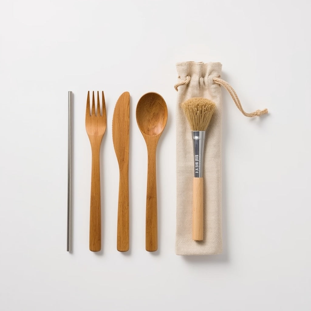 Reusable Bamboo Utensil Travel Set with Canvas Roll-Up Pouch – Portable Cutlery Kit with Stainless Steel Straw & Cleaning Brush