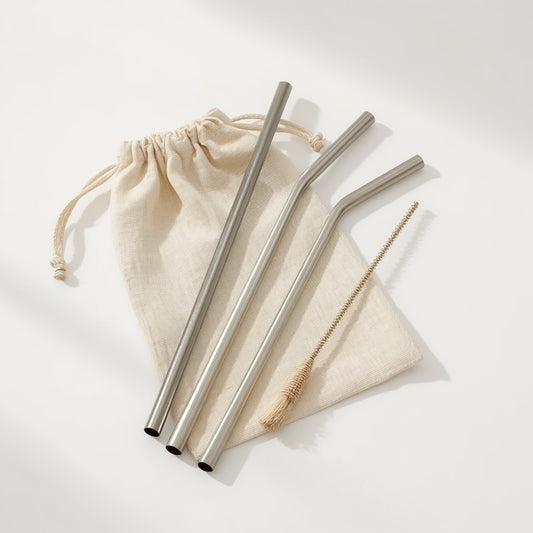 Reusable Stainless Steel Straw Set (4-Pack) – Food-Grade Metal Straws with Coconut Fiber Cleaning Brush & Travel Pouch